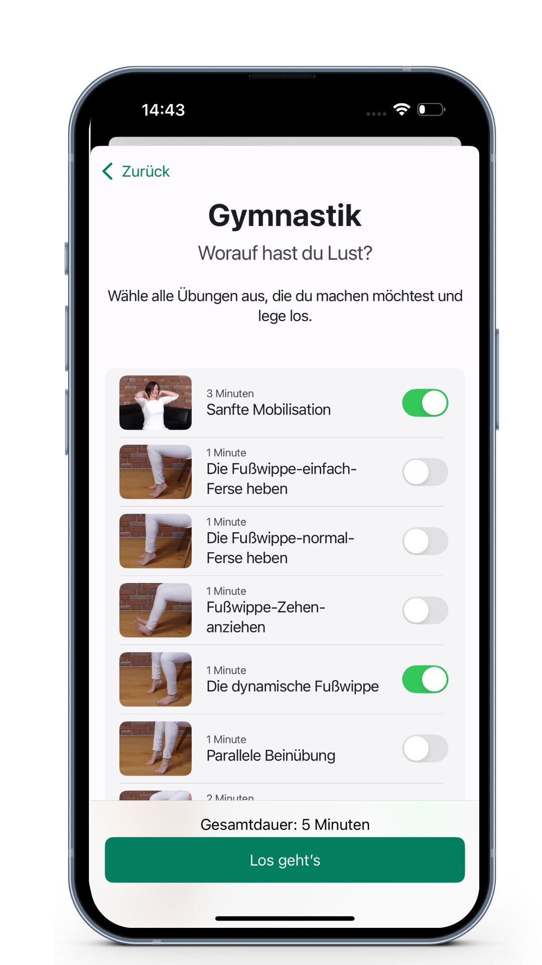 Smartphone-Bildschirm mit einer Gymnastik-App, die verschiedene Übungen wie "Sanfte Mobilisation" und "Die dynamische Fußwippe" anzeigt, wobei die Gesamtdauer 5 Minuten beträgt und ein "Los geht's"-Button verfügbar ist.
