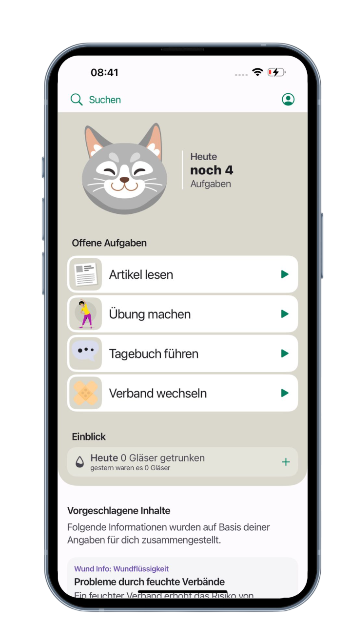Ein Smartphone-Bildschirm zeigt eine Task-Management-App mit einer Katzen-Ikone, offenen Aufgaben wie "Artikel lesen" und "Übung machen", einem Einblick in die Getränkezähler und vorgeschlagenen Inhalten.