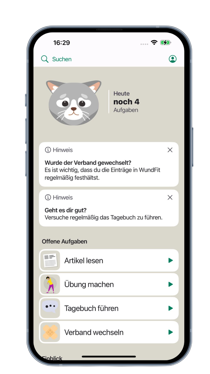 Ein Smartphone-Bildschirm zeigt eine App mit einer Katzen-Ikone, zwei Hinweisen und einer Liste offener Aufgaben wie "Artikel lesen", "Übung machen", "Tagebuch führen" und "Verband wechseln".
